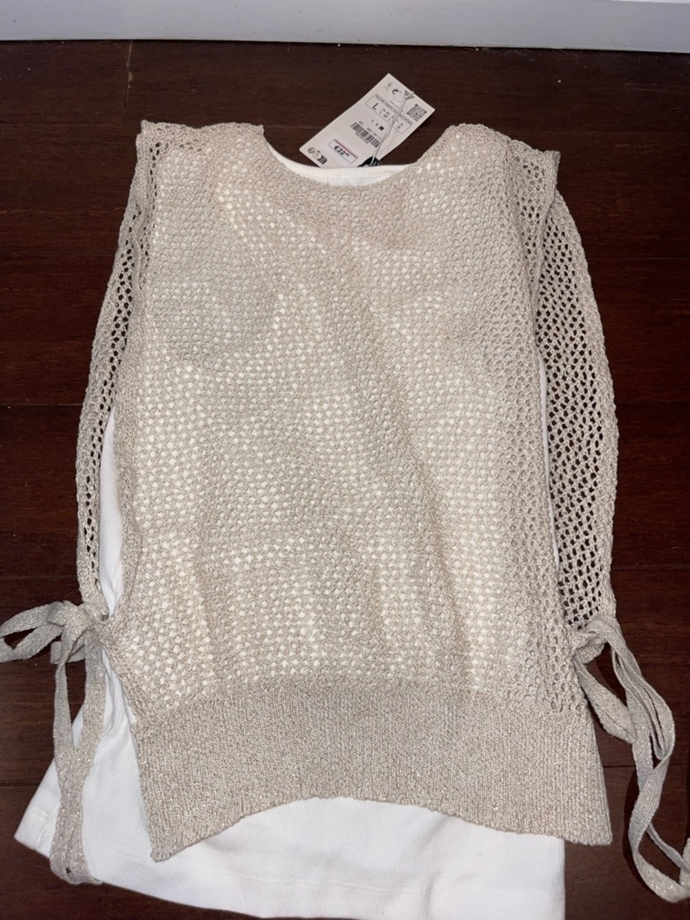 zara white tank with metallic mesh overlay with side ties large nwt - Picture 4 of 6